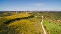 Aerial view of Wind Generating stations in green fields on a background of blue sky. Portugal. Royalty Free Stock Photo