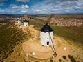 Aerial view of Wind mills at knolls at Consuegra, Toledo region