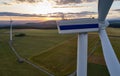 Aerial view of wind turbine farm. Drone inspection.