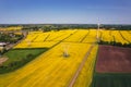 Aerial view Wind turbine on grassy yellow farm canola field against cloudy blue sky in rural area. Offshore windmill Royalty Free Stock Photo