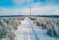 Aerial view Wind turbine in snow winter landscape in Finland. Alternative energy in winter