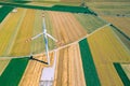 Aerial view of wind turbine. Windmills at harvest time, fields from above. Agricultural fields on a summer day. Renewable Energy Royalty Free Stock Photo