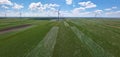 Aerial view of wind turbines in corn and soybean field Royalty Free Stock Photo