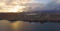 Aerial view of Wind turbines Energy Production at the seaside