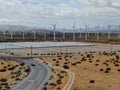 Aerial view of wind turbines spreading over the desert in Palm Springs wind farm Royalty Free Stock Photo