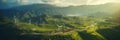 Aerial view of Wind turbines generating green power high in mountains. Generative Ai