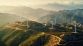 Aerial view of Wind turbines generating green power high in mountains. Generative Ai