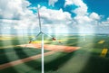 Aerial view of wind turbines on modern wind farm from drone pov, digitally enhanced image Royalty Free Stock Photo