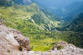 Aerial view of a winding, curvy, high alpine road crossing Passo di Giau, in Dolomites, South Tyrol, Italy Royalty Free Stock Photo