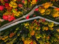 Aerial view of winding river in Laurentian mountains, Quebec, Canada during the fall Royalty Free Stock Photo