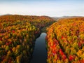 Aerial view of winding river in Laurentian mountains, Quebec, Canada during the fall foliage Royalty Free Stock Photo