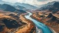 Aerial View of a Winding River Through Mountains - AI Generated Royalty Free Stock Photo