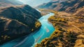 Aerial View of Winding River Through Mountains - AI Generated Royalty Free Stock Photo