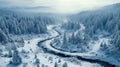 Aerial view of winding river in snowy woods in winter. Landscape of white forest with snow and trees. Concept of nature, travel, Royalty Free Stock Photo