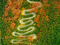 Aerial view of winding road through autumn colored forest Royalty Free Stock Photo