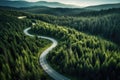 Aerial view of winding road through coniferous forest in summer, Summer Pine Forest and Winding Curvy Road. Top Down Birds Eye