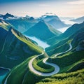 An aerial view of a winding road cutting through mountains or a coastal depicting