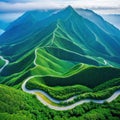 An aerial view of a winding road cutting through mountains or a coastal depicting