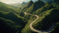 Aerial view of a winding road cutting through mountains or a coastal landscape, depicting nature is grandeur. Generative Ai