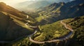 Aerial view of a winding road cutting through mountains or a coastal landscape, depicting nature is grandeur. Generative Ai