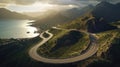 Aerial view of a winding road cutting through mountains or a coastal landscape, depicting nature is grandeur. Generative Ai