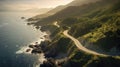 Aerial view of a winding road cutting through mountains or a coastal landscape, depicting nature is grandeur. Generative Ai
