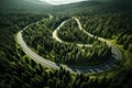 Aerial view of a winding road in the forest in the mountains, Summer Pine Forest and Winding Curvy Road, Top Down Birds Eye View,