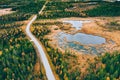 Aerial view of winding road and golden colored autumn or fall forest Royalty Free Stock Photo