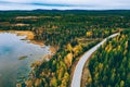 Aerial view of winding road and golden colored autumn or fall forest Royalty Free Stock Photo