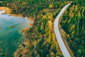 Aerial view of winding road and golden colored autumn or fall forest Royalty Free Stock Photo