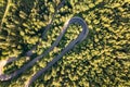 Aerial view of winding road in high mountain pass trough dense green pine woods Royalty Free Stock Photo