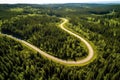 Aerial view of a winding road in the middle of the forest, Summer Pine Forest and Winding Curvy Road, Top Down Birds Eye View, AI