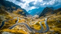 Aerial view of winding road in mountainous area with mountains in the background. AI Royalty Free Stock Photo