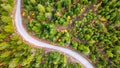 Aerial view of a winding road in the Pacific Northwest forest in autumn