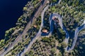 Aerial view of a winding road and train tracks along the Tagus River near the village of Belver in Portugal Royalty Free Stock Photo