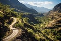 Aerial view of winding serpentine road in verdant summer mountains, scenic perspective