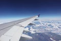 Aerial view from window of aircraft show aircraft wing and engine with horizon deep blue sky above all white clouds for Royalty Free Stock Photo