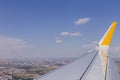 aerial view from a window plane during flight. Brown landscape above in Spain. Travel concept