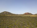 Aerial view of the wine cultivations on the volcanic soils of the island of Lanzarote. Canary Islands, Spain. Wine production