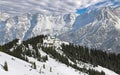 Aerial view of winter Austria skiing camp on Alp mountain slope