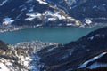 Aerial view of winter Austria village from Alp mountains