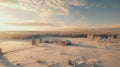 Aerial Winter Landscape: Snowy Field And Cottage In Rural Finland