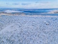 Aerial view of winter forest with frosty trees, rural road and village in Finland Royalty Free Stock Photo