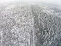 Aerial view of winter forest with hoarfrost on the trees Royalty Free Stock Photo