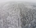 Aerial view of winter forest with hoarfrost on the trees Royalty Free Stock Photo