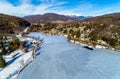 Aerial view of winter landscape of frozen lake Ghirla in province of Varese.