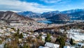 Aerial view of winter landscape of lake Lugano-Ceresio, Swiss Alps and village Cadegliano Viconago in province of Varese.