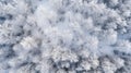 Aerial view of winter snowy forest with frozen treetops