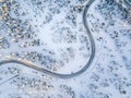 Aerial view of a winter winding road in the snow covered forest in Finland Royalty Free Stock Photo