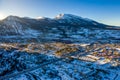 Aerial view winter wonderland sunset in Frisco Colorado Royalty Free Stock Photo